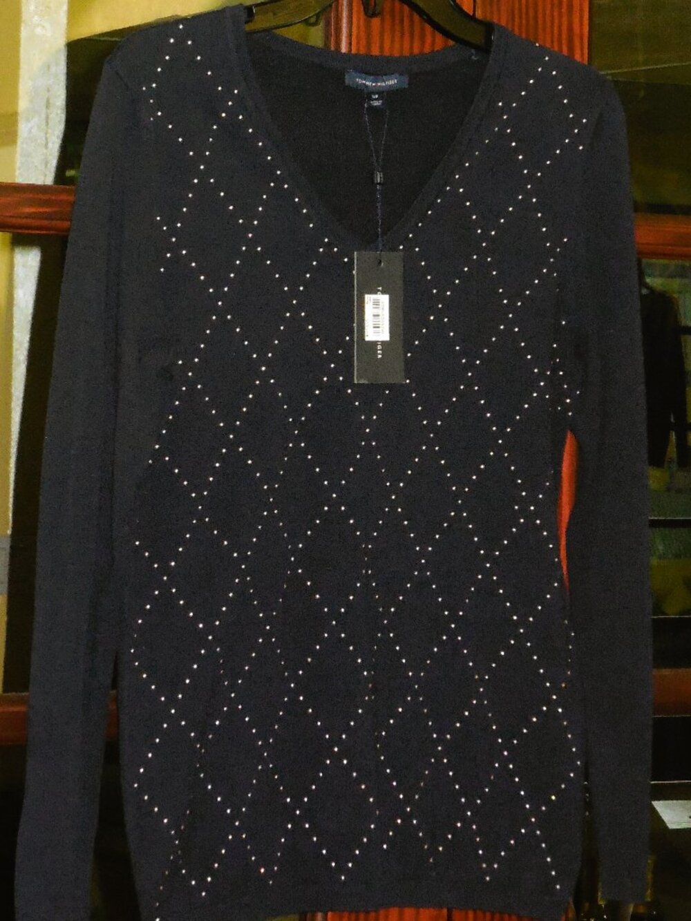 Tommy Hilfiger V Neck Cotton Sweater Navy Argyle detail Size Small